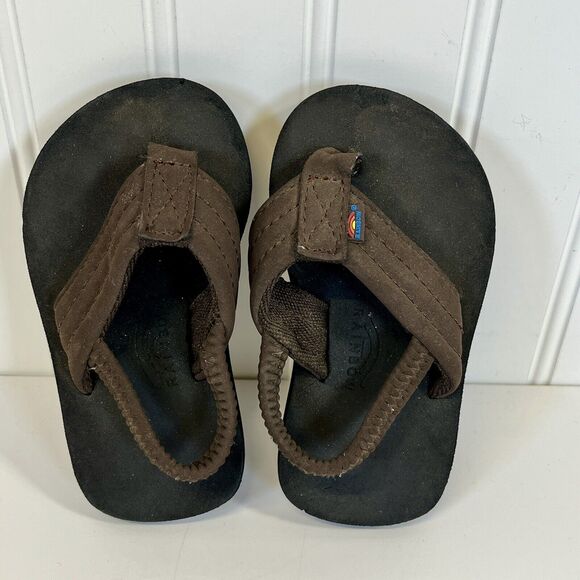 Rainbow Growbows Baby Unisex Size 5/6 Brown Leather Sling Back Flip Flops Classi - Picture 7 of 7